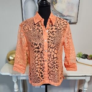 3 for $30 ✨ Mirasol Sheer Burnout Lace Leopard Print Top - Orange Coral S